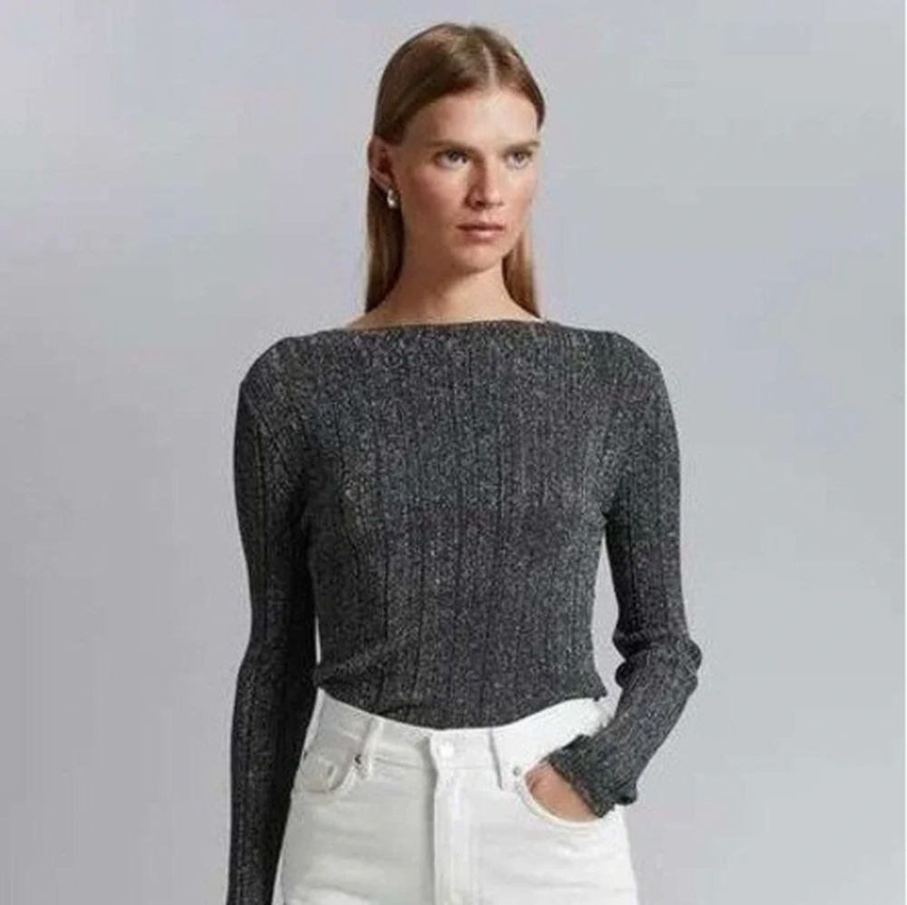& Other Stories Stockholm Atelier Metallic Black Ribbed Knit Boatneck Shirt XS